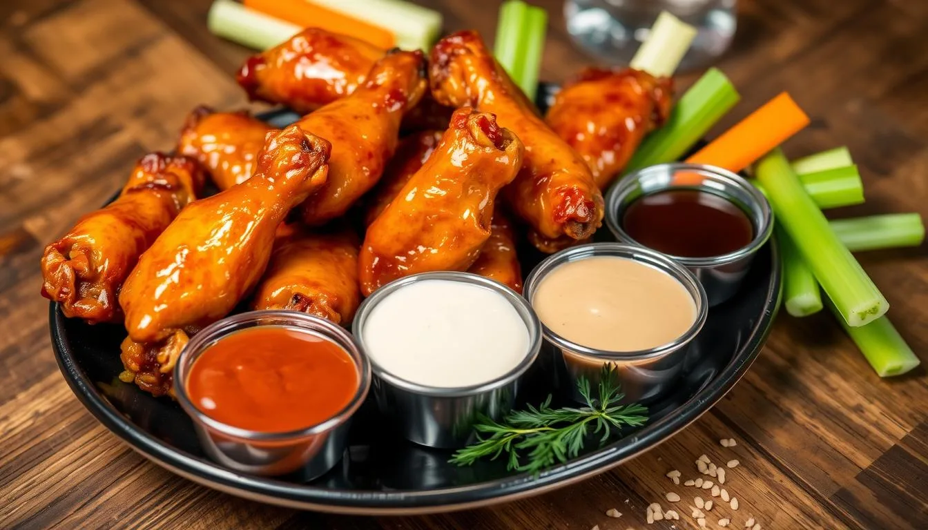 Chicken wings nutrition: A plate of glazed chicken wings served with dipping sauces and fresh celery and carrot sticks, showcasing a balanced snack option.