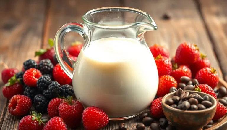 A visually appealing arrangement of half and half nutrition in a glass pitcher, surrounded by fresh berries, a small bowl of coffee beans, and a rustic wooden table. Include detailed elements like droplets of condensation on the pitcher and a soft morning light illuminating the scene, emphasizing the creamy texture and rich color of the half and half.