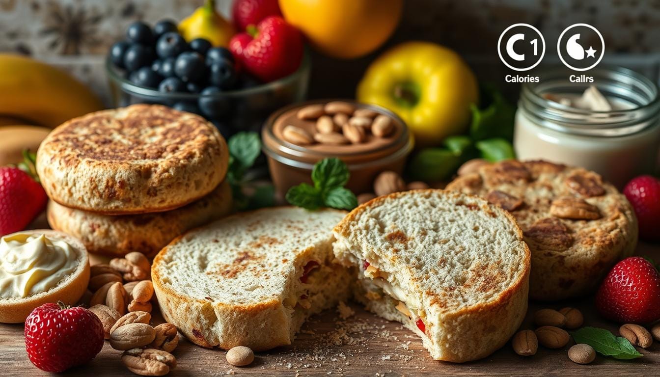 "An artistic arrangement of English Muffin Nutrition , sliced in half to reveal their texture, surrounded by a colorful display of fruits, nuts, and spreads, with an emphasis on the nutritional elements such as calorie icons and carbohydrate symbols subtly integrated into the background, all set against a rustic kitchen countertop."