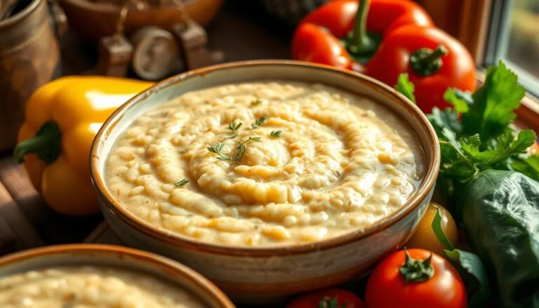 A close-up of a bowl of creamy Hominy Grits Nutritional, with steam rising gently, surrounded by fresh vegetables like bell peppers and tomatoes, garnished with herbs, showcasing vibrant colors and textures to emphasize nutritional benefits. Include a backdrop of rustic wooden tableware and natural light streaming through a window.