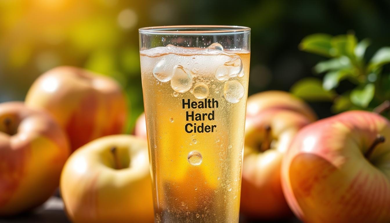 a Hard Cider's refreshing glass of low-calorie hard cider with vibrant bubbles, set against a backdrop of fresh apples and a hint of greenery, illuminated by warm sunlight, featuring a light, crisp golden color and condensation on the glass, evoking a sense of summer enjoyment and health-conscious indulgence.