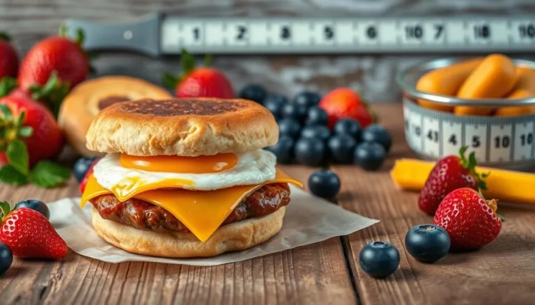 Sausage McMuffin nutrition served with fresh fruits, highlighting its nutrition value. A breakfast sandwich with sausage, egg, and cheese on an English muffin