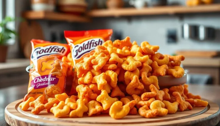 A vibrant display of various Goldfish Nutrition Facts snack varieties, showcasing different flavors and shapes, arranged aesthetically on a wooden board. The snacks include classic cheddar goldfish, pretzel goldfish, and colorful rainbow goldfish, all with a glossy finish and enticing texture. The background features a rustic kitchen setting with soft natural lighting to enhance the appetizing appearance of the snacks.