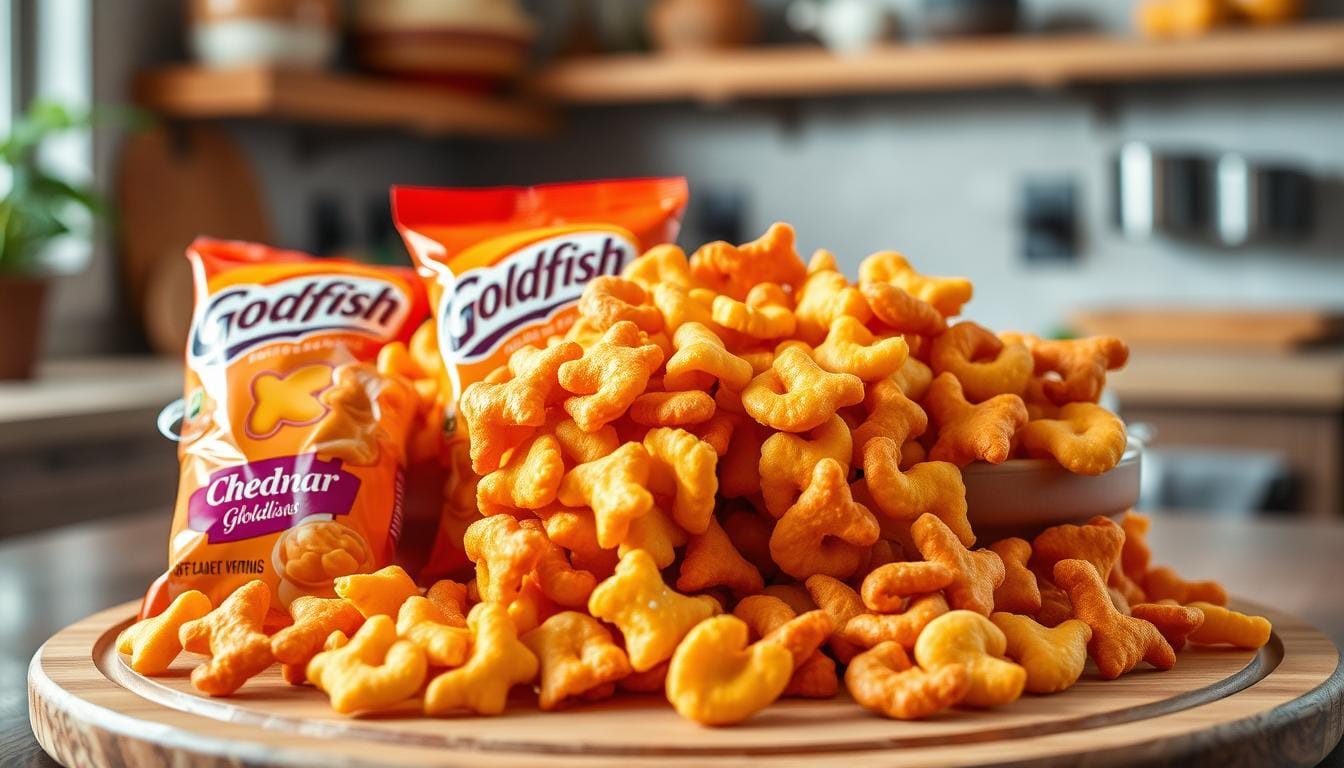 A vibrant display of various Goldfish Nutrition Facts snack varieties, showcasing different flavors and shapes, arranged aesthetically on a wooden board. The snacks include classic cheddar goldfish, pretzel goldfish, and colorful rainbow goldfish, all with a glossy finish and enticing texture. The background features a rustic kitchen setting with soft natural lighting to enhance the appetizing appearance of the snacks.