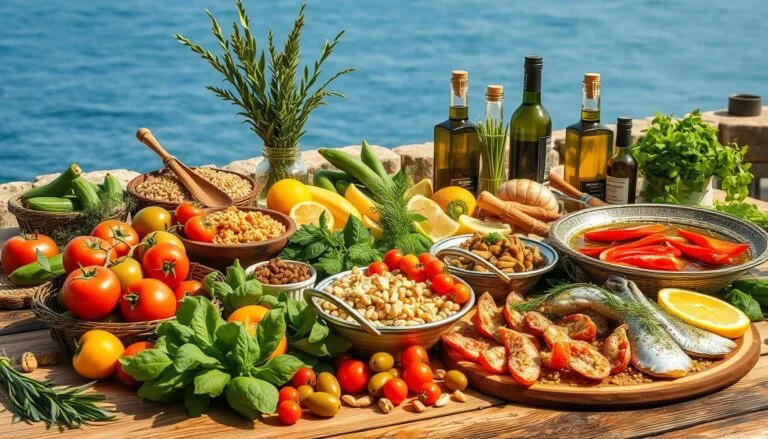 A vibrant of the Mediterranean Diet landscape featuring a rustic table laden with colorful fruits, vegetables, whole grains, and olive oil, surrounded by lush greenery, the sea in the background, with sunlight filtering through the leaves, evoking a sense of health, vitality, and longevity.