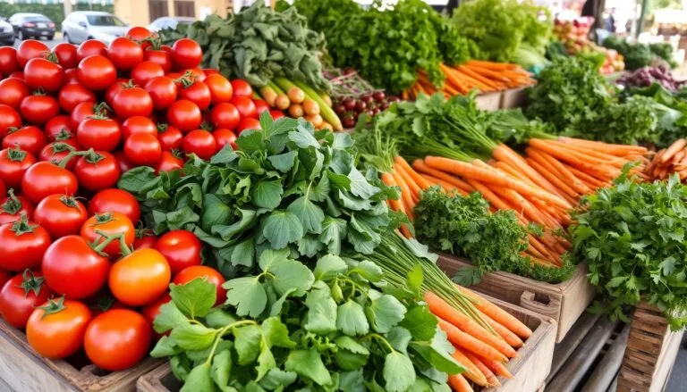 Affordable Nutritional Solutions vibrant farmers’ market scene showcasing an array of colorful seasonal produce, including ripe tomatoes, leafy greens, bright orange carrots, and fresh herbs, all displayed in rustic wooden crates under soft morning light.