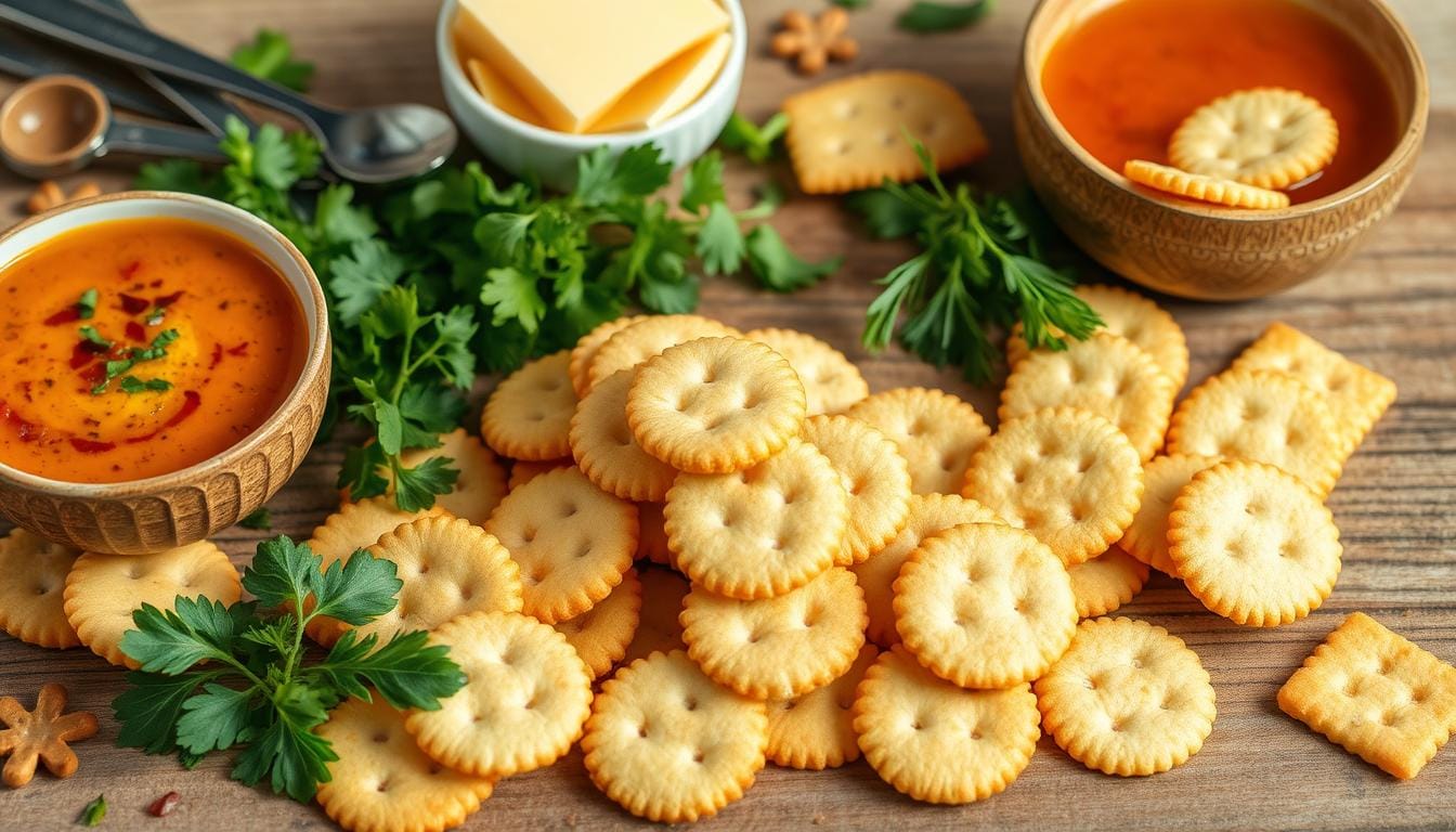 Saltine crackers served with soup and cheese, garnished with fresh parsley on a wooden table.