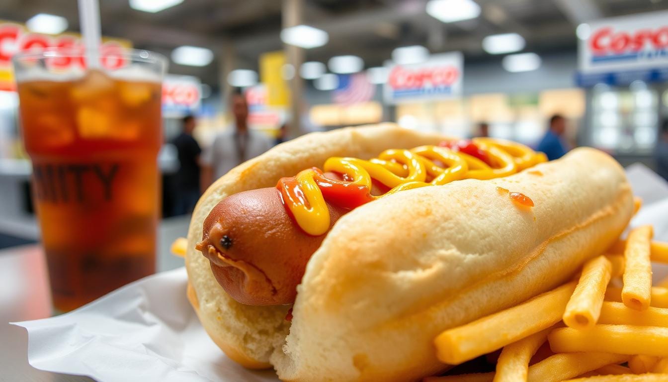 A close-up of a delicious Costco Hot Dog food court hot dog, perfectly grilled and nestled in a freshly baked bun, topped with golden mustard and vibrant ketchup, surrounded by a side of crispy golden French fries and a large soda cup, set against a busy food court background, showcasing a casual dining atmosphere.