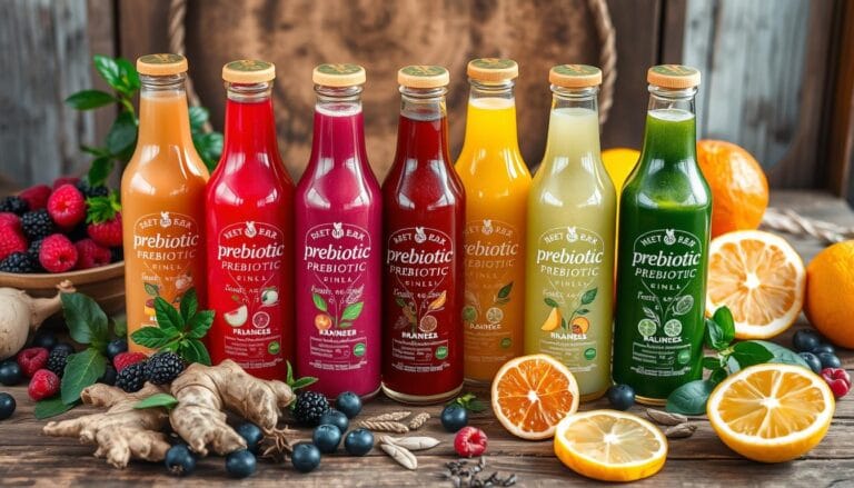 Top Functional Beverages vibrant assortment of colorful prebiotic drinks in elegant glass bottles, featuring natural ingredients like fruits, herbs, and spices. The drinks are set on a rustic wooden table surrounded by fresh produce such as berries, ginger, and citrus. Soft natural lighting highlights the textures and colors, creating an inviting atmosphere that emphasizes health and vitality.