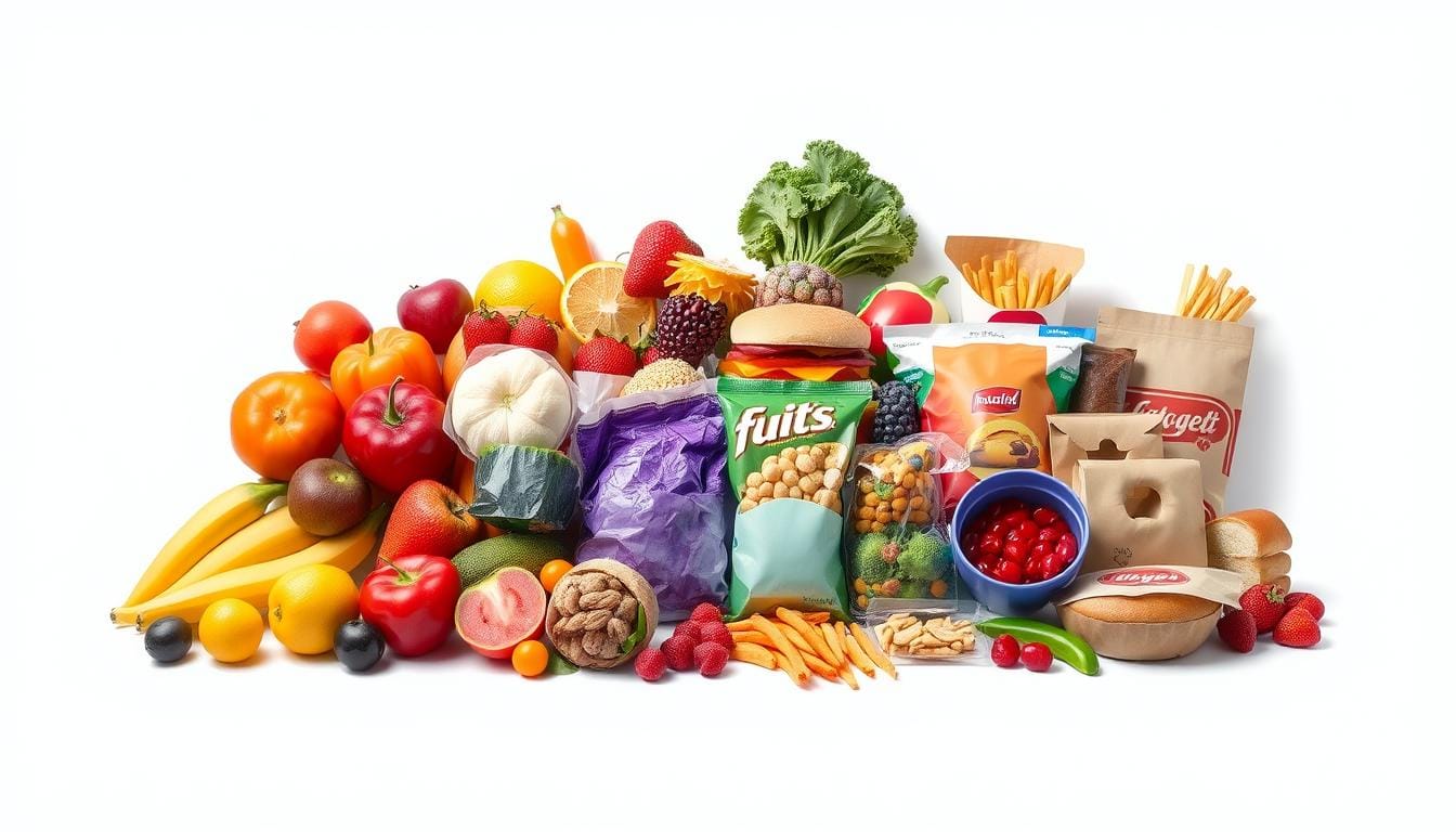 A vibrant composition contrasting fresh, colorful fruits and vegetables on one side with an array of Ultra-Processed Foods on items like sugary snacks, fast food, and packaged meals on the other, illustrating the stark difference in nutrition. Include visual elements that highlight freshness and natural textures versus artificial colors and packaging, set against a neutral background to emphasize the contrast between healthy and unhealthy foods.