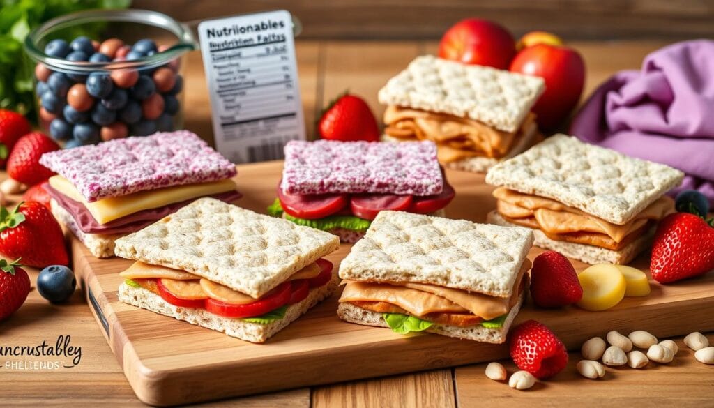 A visually appealing arrangement of Uncrustables nutrition sandwiches, featuring different flavors such as grape, strawberry, and peanut butter, displayed on a wooden cutting board. Surround the sandwiches with colorful fruits and nuts, emphasizing freshness and variety. Include elements like a measuring cup filled with ingredients, and a nutrition label aesthetically placed in the background, softly blurred to maintain focus on the sandwiches. The overall atmosphere should convey a healthy snack option, with natural lighting highlighting textures and colors.