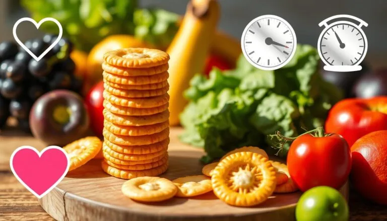 Stack on Ritz crackers wooden board with fresh vegetables like tomatoes, lettuce, and a lime in the background. Decorative heart and clock icons are overlayed.