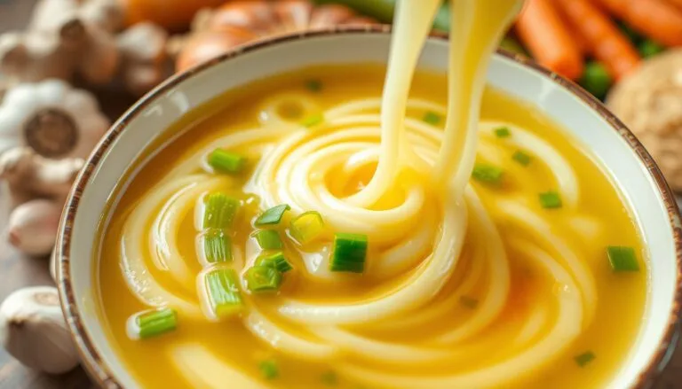 A vibrant bowl of egg drop soup nutrition, featuring silky strands of beaten egg swirling in a warm, clear broth, surrounded by fresh green onions and delicate droplets of sesame oil. The scene includes wholesome ingredients like fresh ginger and garlic in the background, with a hint of colorful vegetables like carrots and peas peeking through. Soft lighting enhances the inviting texture of the soup, creating an atmosphere of warmth and nourishment.