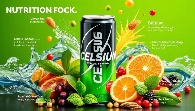 Celsius Energy Drinks can surrounded by fresh oranges, berries, and citrus fruits with a blurred background of a person cycling, symbolizing energy and vitality. Bright yellow lightning shapes emphasize the drink's energizing effect