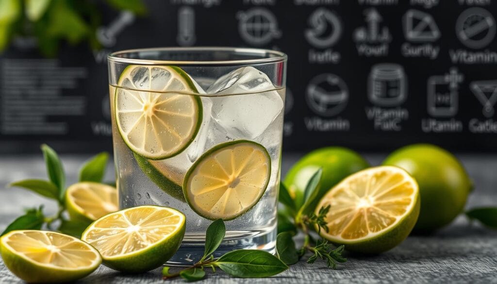 A close-up shot of a glass of tonic water with ice cubes, surrounded by fresh lime slices and herbs, featuring a visually appealing layout with a subtle background of nutritional elements like vitamin labels and mineral icons in soft focus.