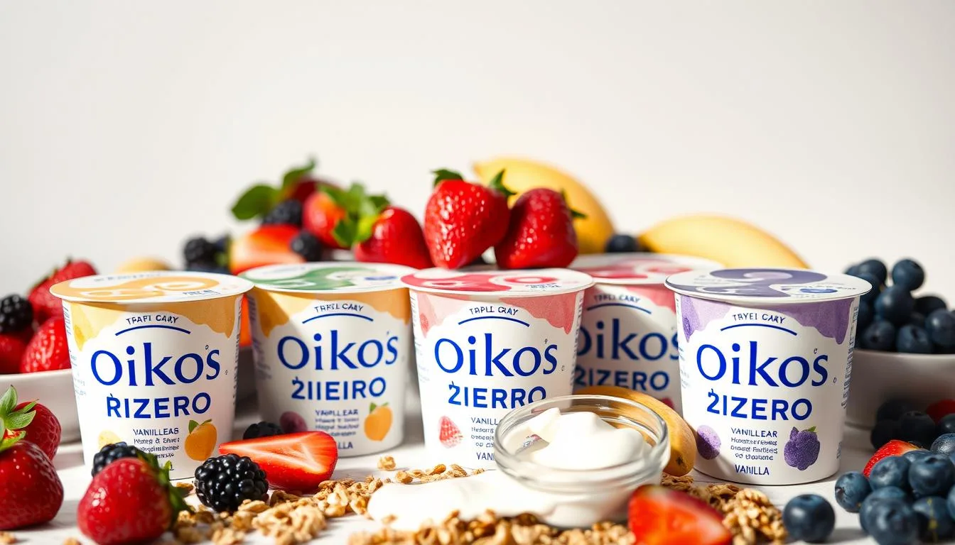 A Oikos Triple Zero Greek yogurt cups in various flavors, surrounded by fresh berries, fruit, and granola, showcasing a healthy and delicious yogurt option.