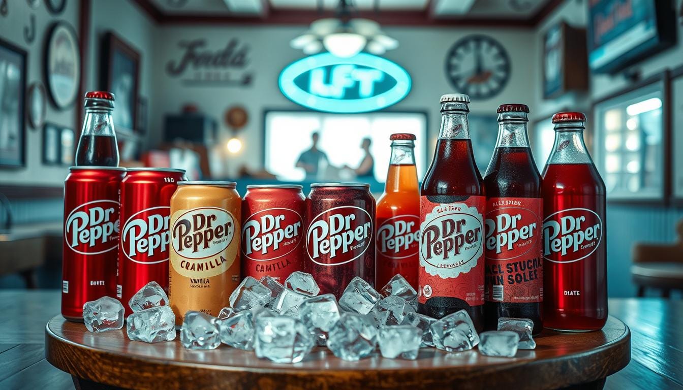 An artistic arrangement of various Dr Pepper Nutrition Facts cans and bottles, showcasing different flavors and varieties. The scene features classic Dr Pepper, cherry, vanilla, cream soda, and diet versions, all artistically positioned on a wooden table surrounded by ice cubes. The background is a softly blurred soda shop interior with vintage decor, emphasizing a nostalgic vibe.