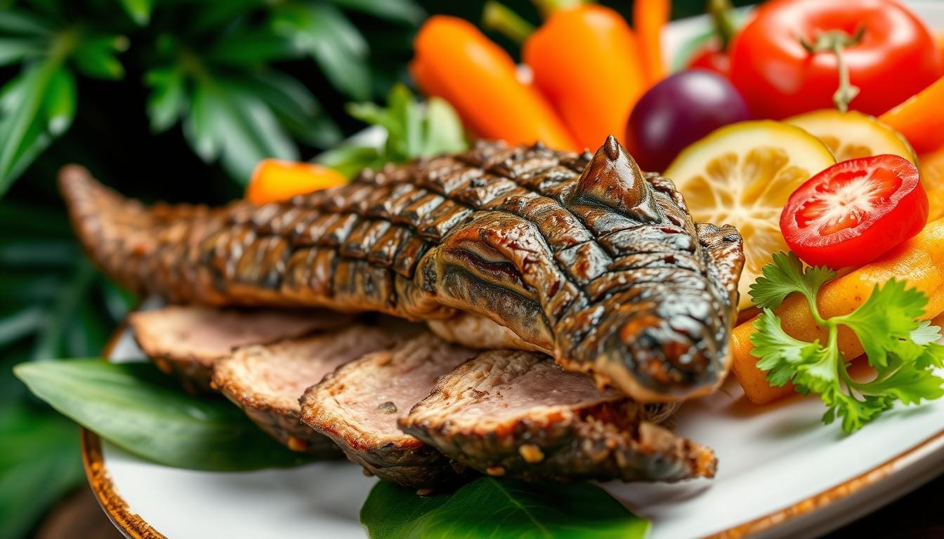 A beautifully arranged plate featuring succulent Crocodile Meat Nutrition alongside a vibrant assortment of fresh vegetables, focusing on the rich texture and color of the meat, with a background of lush tropical foliage, emphasizing its exotic appeal and nutritional aspects.