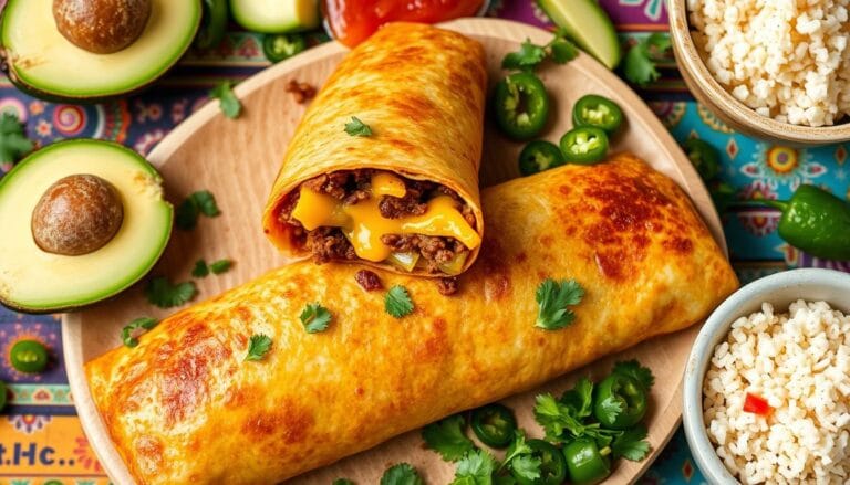 A detailed flat lay of a delicious El Monterey beef and cheese chimichanga, showcasing its crispy golden-brown exterior, with an open view revealing melted cheese and seasoned beef filling. Surround the chimichanga with fresh ingredients like avocados, jalapeños, and cilantro, adding a vibrant touch. Include a small bowl of salsa and rice on the side, with a colorful background of rustic wood or a vibrant Mexican-inspired tablecloth to create an appetizing scene.