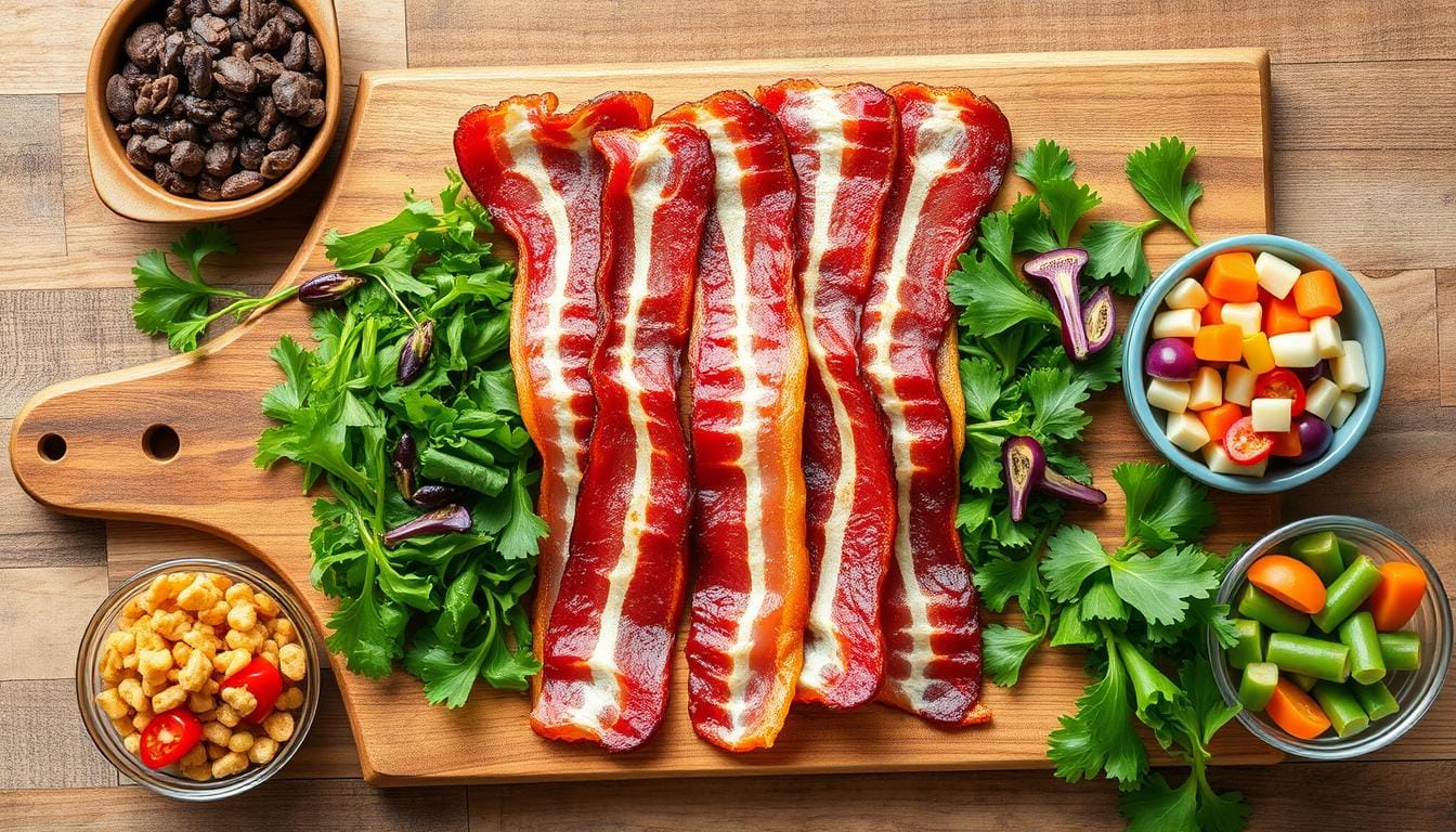 A visually appealing arrangement of crispy Bacon Nutrition Facts strips on a wooden cutting board, with an overlay of fresh greens and vibrant vegetables, surrounded by small bowls filled with colorful nutritional elements such as protein, fats, and vitamins, in a natural light setting that emphasizes texture and detail.