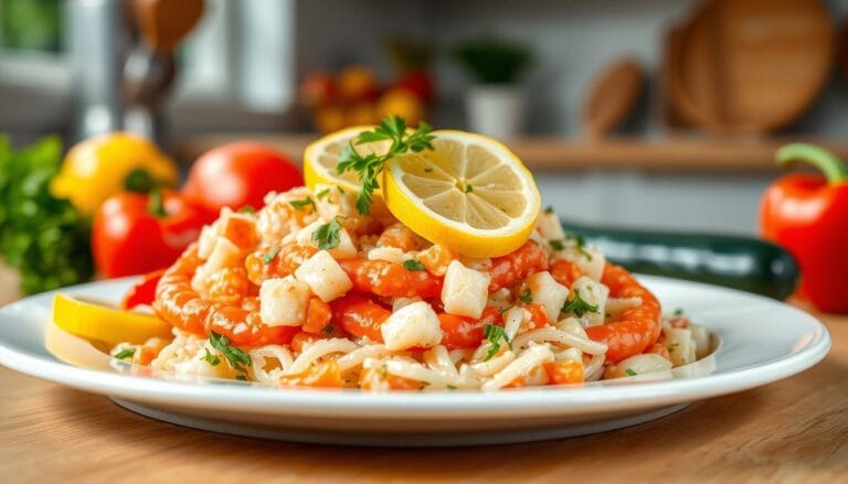 A vibrant display of Imitation crab meat topped with fresh herbs and lemon slices, surrounded by an array of colorful vegetables, on a clean white plate. The background features a subtle kitchen setting with soft natural light illuminating the scene, emphasizing the textures and colors of the dish, with a focus on the nutritional elements represented artistically through subtle shapes and patterns in the background.