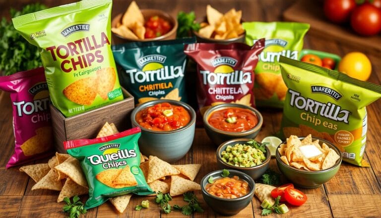 A vibrant display of Zacks Mighty Rolled Tortilla Chips, showcasing a variety of colorful packaging designs and unique chip shapes arranged on a wooden table. In the background, a playful assortment of dip bowls filled with guacamole, salsa, and queso, surrounded by fresh ingredients like cilantro, lime, and tomatoes, creating a lively snack scene.