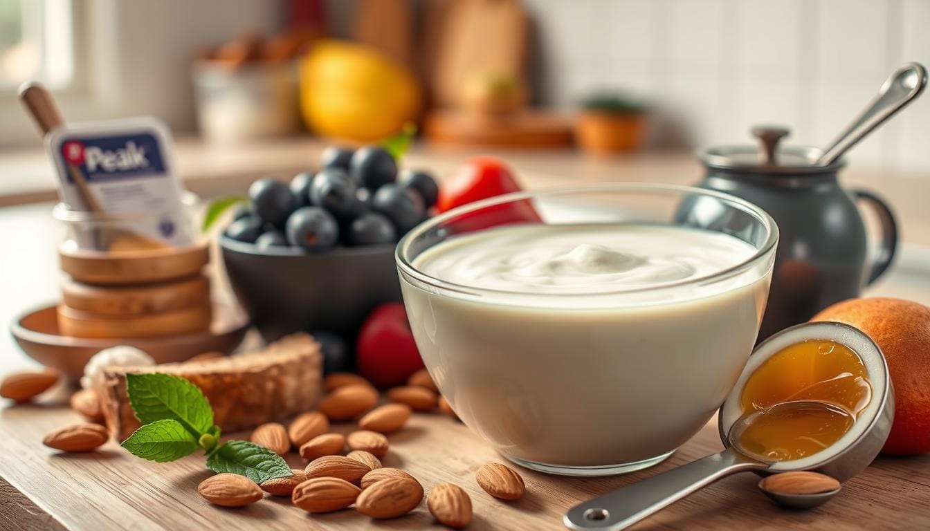 A visually appealing bowl of Peak Evaporated Milk Nutrition surrounded by fresh ingredients like almonds, fruits, and honey, with a backdrop of a cozy kitchen setting. Highlight the creamy texture of the milk with light reflections and soft shadows, emphasizing its nutritional benefits. Include elements like measuring spoons and recipe cards subtly placed in the scene to suggest cooking and baking uses.