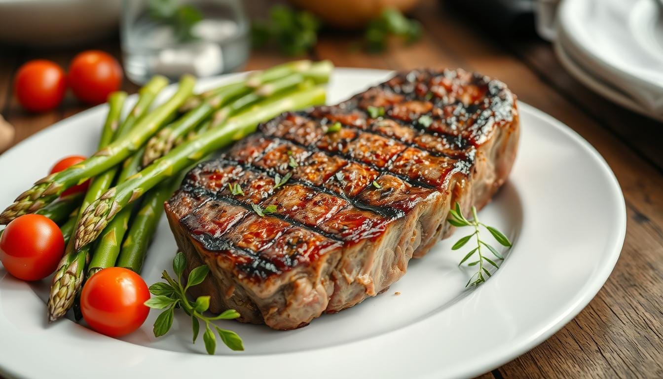 A beautifully arranged Strip Steak Nutritional Value on a wooden cutting board, garnished with fresh herbs, displaying a portion size next to a small dish of sea salt, with a background featuring a rustic kitchen setting bathed in warm light, emphasizing the juicy texture and marbling of the meat.