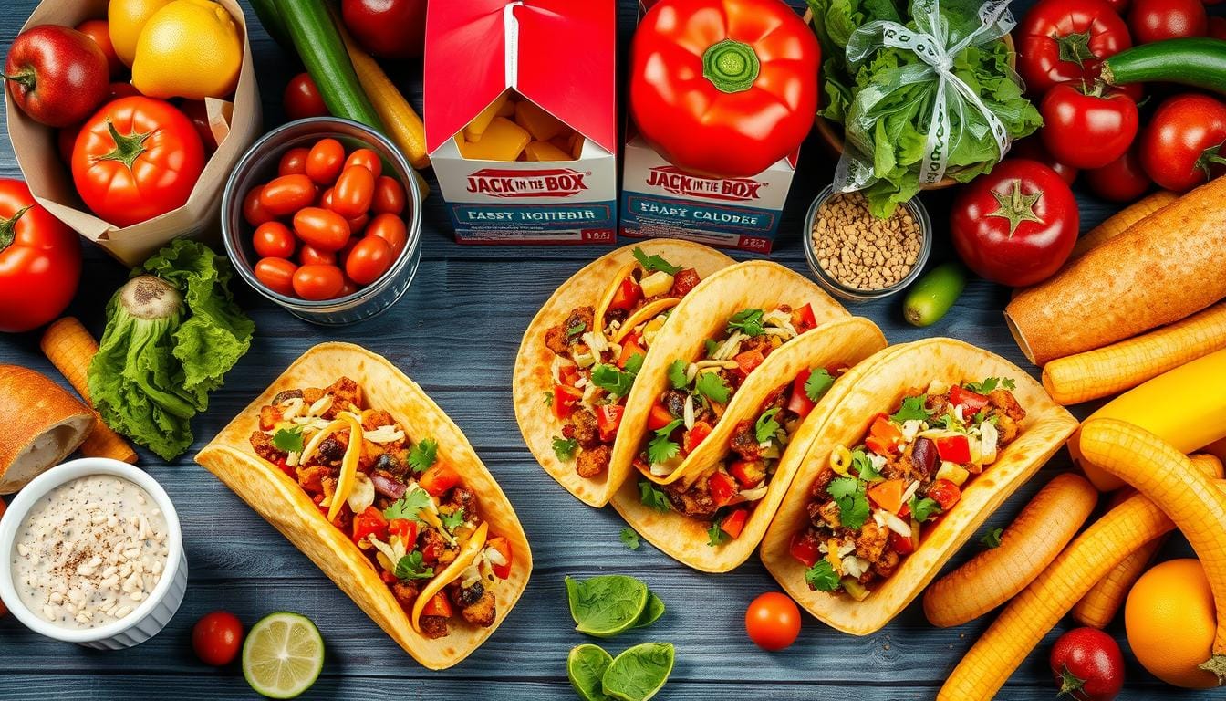 A vibrant fast food table spread featuring a variety of Jack in the Box Tacos, with a detailed focus on their ingredients, surrounded by colorful fruits and vegetables representing nutrition. Include a visual balance of calories and fat symbols artistically integrated into the scene, with an emphasis on texture and freshness.