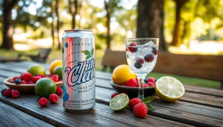 A vibrant and refreshing scene featuring a chilled can of White Claw Nutrition Facts on a wooden picnic table surrounded by fresh fruits, such as limes and berries, alongside a stylish glass filled with ice and a splash of sparkling water, emphasizing the drink's crisp and light appearance, with soft sunlight filtering through nearby trees, creating an inviting and summery atmosphere.