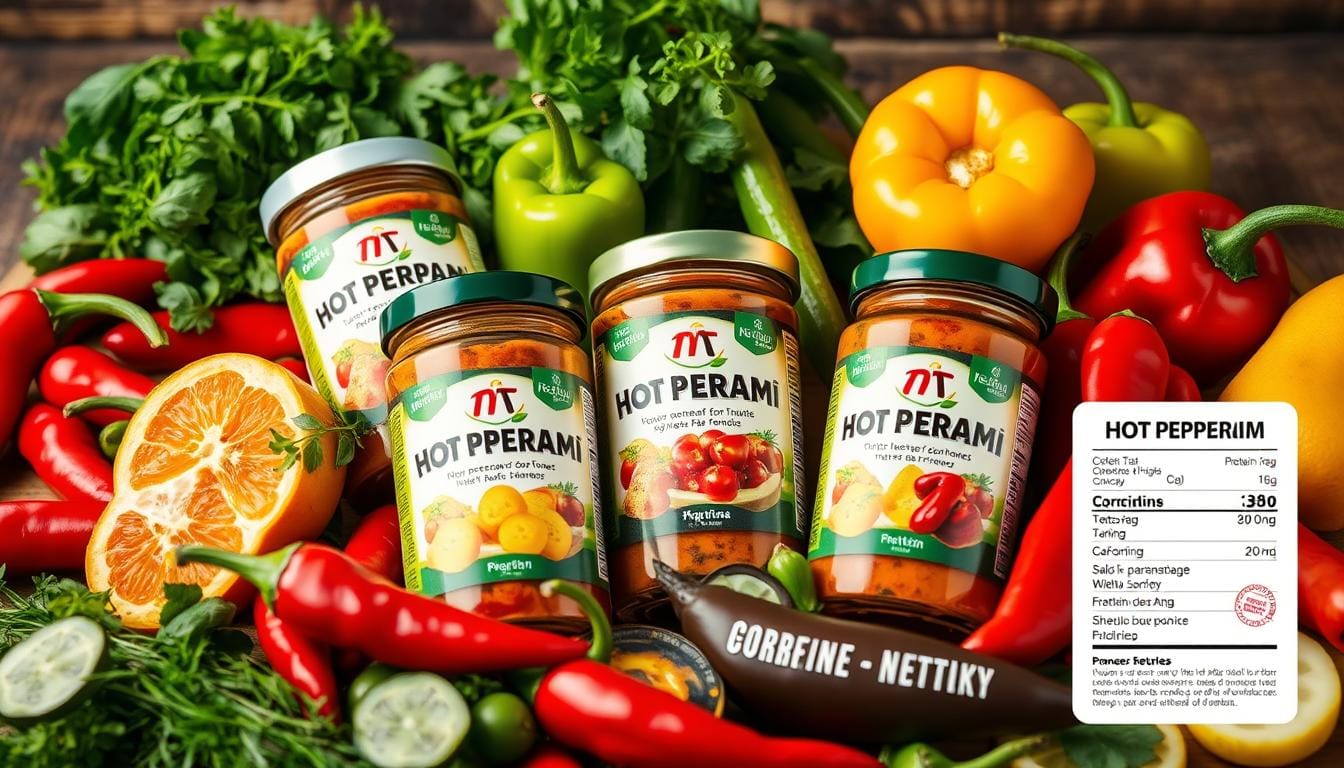 A vibrant, close-up arrangement of Hot Pepperami Nutrition Information products surrounded by fresh chili peppers, herbs, and slices of vegetables, highlighting a colorful and appetizing display. Include elements like a nutrition label graphic styled in an artistic manner with icons representing calories and protein, all set against a rustic wooden background to emphasize natural ingredients.