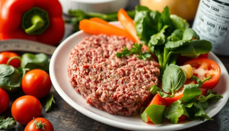 A close-up of a vibrant, fresh plate featuring Nutritional Value of 93/7 Ground Beef alongside colorful vegetables, such as bell peppers, spinach, and tomatoes, with a focus on the lean texture of the meat, showcasing its nutritional benefits. Include a balanced meal setting with a measuring scale and nutrition labels subtly integrated into the background, emphasizing health and wellness.