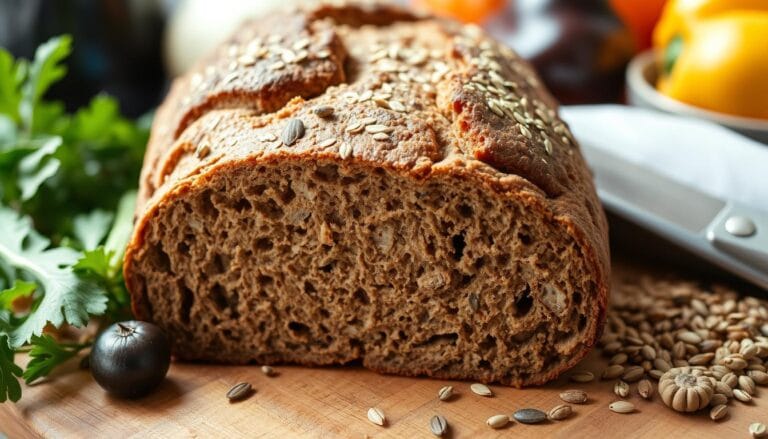 A close-up of freshly baked Rye Bread Nutrition Info with a rustic texture, surrounded by a variety of colorful vegetables and grains, showcasing its nutritious ingredients. The setting includes a wooden cutting board, a sprinkle of seeds, and a natural light source highlighting the bread's rich brown color.