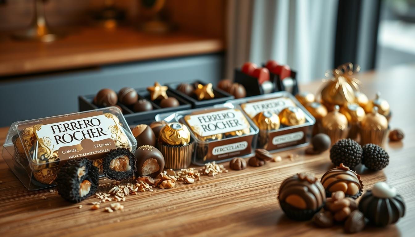 A luxurious display of Ferrero Rocher Nutritional Value chocolates alongside an assortment of similar confections like pralines, truffles, and chocolate-covered nuts, arranged artistically on a polished wooden table, with soft lighting highlighting their textures and shiny wrappers, evoking a sense of indulgence and elegance.