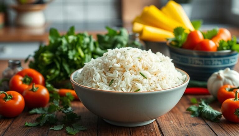 A vibrant bowl of cooked Jasmine Rice Nutrition with steam rising, surrounded by measuring cups showing calorie counts, a colorful assortment of vegetables and herbs for added health benefits, a rustic wooden table setting, soft natural lighting highlighting the texture of the rice, with a blurred background of a kitchen.